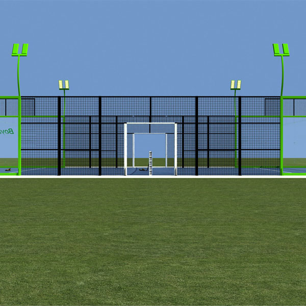 BY-P02 panoramic padel court full view; 12 mm tempered safety glass panel; galvanized steel corner post and mesh connection detail.