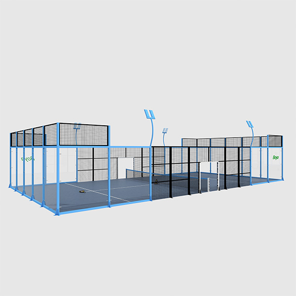 BY-P01 classic padel court enclosure; galvanized mesh and steel frame; completed club court with LED lighting.