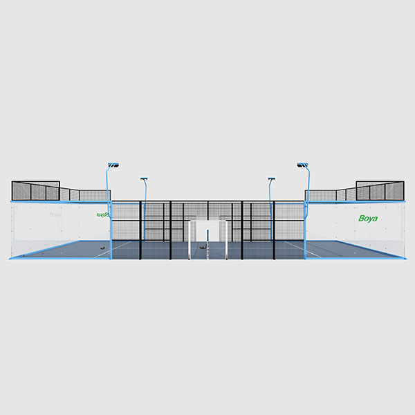 BY-P03 360-degree full panoramic padel court; unobstructed tournament spectator view; reinforced glass and steel junction detail.
